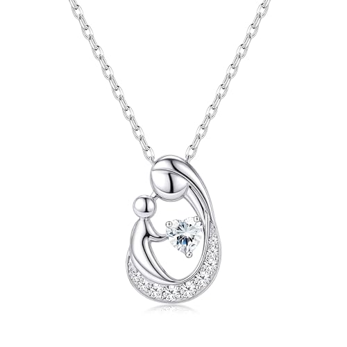 MILACOLATO Mothers Day Necklace for Mom 925 Sterling Silver Mom and Child Necklace with Birthstones Heart Mother Daughter Necklaces for Women New Mum Grandma Wife Birthday Mothers Day Jewelry Gifts, April