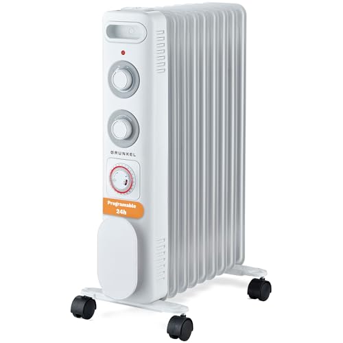 GRUNKEL RD-2000S Radiador de Aceite, 2000W-2500W, 9 Elementos, 3 Niveles de Potencia, Temporizador 24h, Termostato Regulable, Ruedas Multidireccionales