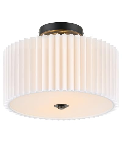Image of VONLUCE Semi-Flush Mount Ceiling Light 12.2 inch, 2-Light Drum Light Fixture | White Pleated Shade with E26 Sockets, Light Fixture for Nursery, Bedroom, Entryway, Hallway, Black Finish, ETL Certified