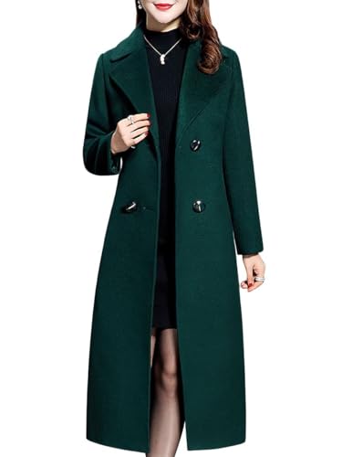 ebossy Women's Elegant Business Wool Coat Double Breasted Winter Long Coat (Large, Dark Green)