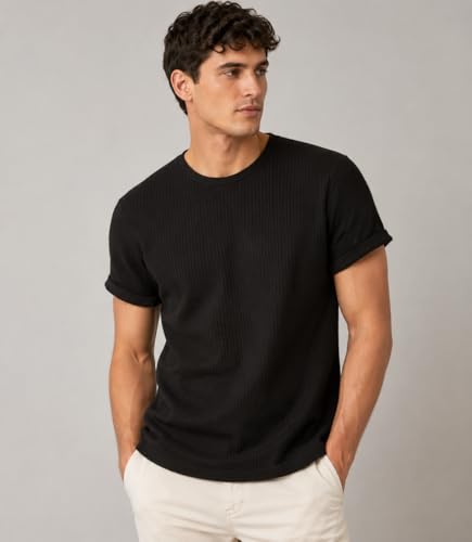 Image of London Hills Men's Waffle Textured T-Shirt | Solid Regular Fit Round Neck Half Sleeve Casual Wear Tee | Soft, Breathable & Lightweight Fabric