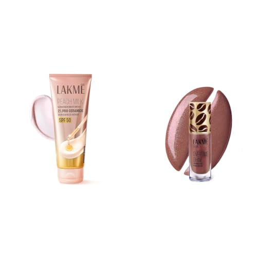 Image of Lakme Peach Milk Sunscreen Moisturiser SPF 50 PA with 2% Pro-Ceramides Peptides Lakme 9 to 5 Overtime Shine Nail Polish - Coffee Edit-14 Midnight Roast 6ml
