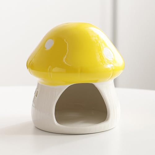 Image of Ceramic Mushroom House Betta Fish Tank Decor - Cute Aquarium Cave Hideout for Shrimp & Small Fish, Non-Toxic Safe Ornament for 5-20 Gallon Tanks (Yellow)
