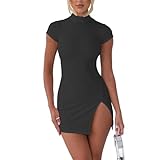NADIA FRACA Women's 2024 Summer Sexy Short Sleeve Mock Neck Cut Out Backless Side Slit Drawstring Bodycon Mini Dress Clubwear Black