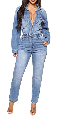 Womens Sexy Long Sleeve Lapel Deep v Neck Washed Denim