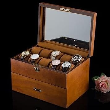 2 Layers Watch Storage Box Brown Wood Watch Display Case with Lock Mens Watch Gift Boxes Color Brown, Size A