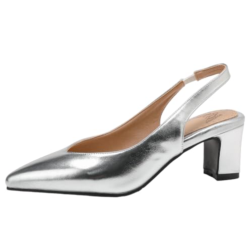 DINTAHA Pointed Toe Slingback Heels Block Low Heel Pumps Metallic Heels Wedding Party Shoes