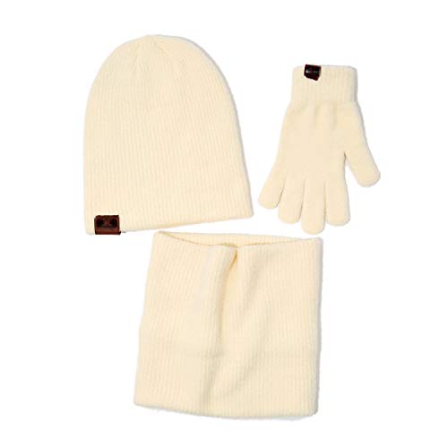 3 Piezas Conjunto de Abrigo de Invierno, Cable Grueso Hecho de Punto Sombrero Bufanda Guantes de Invierno Outdoor, para Hombres Mujeres Adecuado Invierno Deportes al Aire Libre Unisex,Milky White