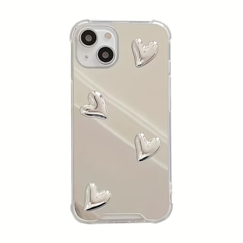 Coque silicone avec miroir de maquillage et cœur argenté antichoc pour iPhone 16 Pro