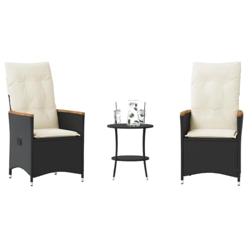 LAPOOH 3-TLG. Bistro-Set mit Kissen Schwarz Poly Rattan, Gartenset Tisch Und Stühle, Balkon Möbel Für Kleinen Balkon, Terrassenmöbel, Balkonset, Balkonmöbel, Möbelsets - 365657