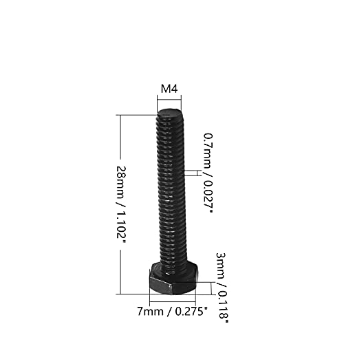 Image of Aicosineg M4 x 25mm Carbon Steel Grade 8.8 External Hex Head Screw Bolts Metric Thread Hexagon Bolts Fastener, 28 x 7 x 7mm (Lx W x H) for Hardware Furniture Machinery Black 50pcs