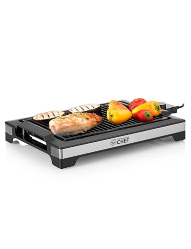 COMMERCIAL CHEF Indoor Grill for Tabletop, Countertop or Kitchen, 1600W Electric Grill with Adjustable Temperature Control, Stainless Steel and Black Portable Grill for Indoor Use
