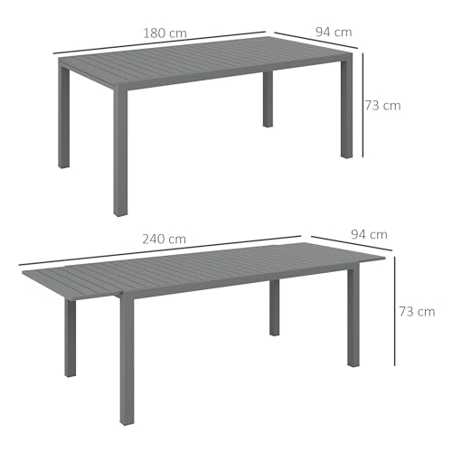 Outsunny Mesa de Jardín Extensible de Aluminio Mesa de Comedor Exterior Mesa de Terraza Rectangular para 6-8 Personas Carga 50 kg para Balcón 180/240x94x73 cm Gris Oscuro - imagen 3