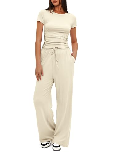 Darong Women's 2 Piece Lounge Sets Sweatsuits Casual Travel Outfits Fashion Wide Leg Tracksuit Cozy Lounge Sets 9042A Light Beige M