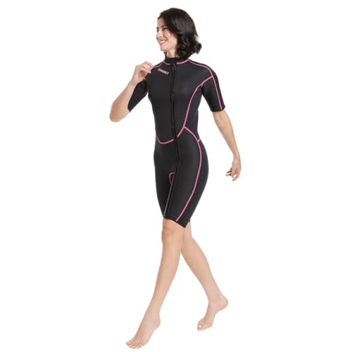 New Neoprene Wetsuit Women 1.5/3MM Keep Warm Swimming Diving Suit Bathing Suit Short Sleeve Triathlon Diver Surf Snorkeling (3MM Women Pink, Large)