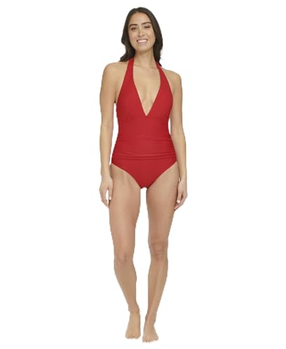 Image of Tommy Hilfiger Women's Halter Tummy Control Ribbed Fabric One Piece, Real Red, 16