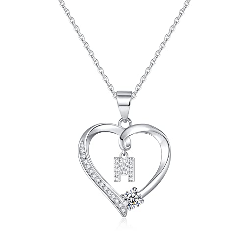 Heart Initial Necklaces For Girls, S925 Sterling Silver Heart Initial M Necklaces For Teen Girls Gifts Letter Necklace For Girls Little Girls Kids Necklace For Girls Silver Heart Jewelry For Girls #TOP11