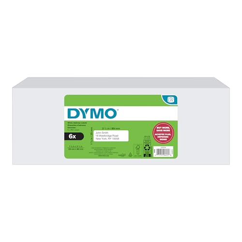 Image of DYMO-Branded LabelWriter Mailing Address Labels for LabelWriter Label Printers, White, 1-1 /8 inch x 3-1 /2 inch, 6 Rolls of 350 (2100 Total)