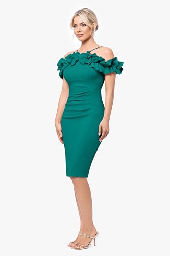Image of Xscape Women's Xscape Women's Off the Shoulder Leg Slit Ruffle Floor Length Dress
