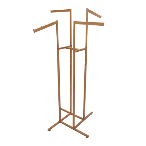 NEATOOM Heavy Duty 4 Way Clothing Rack, Clothing Display Rack with Adjustable Height, Retail Clothing Rack Display with 2 Straight Arms & 2 Slanted Arms for Clothing Stores (Gold)