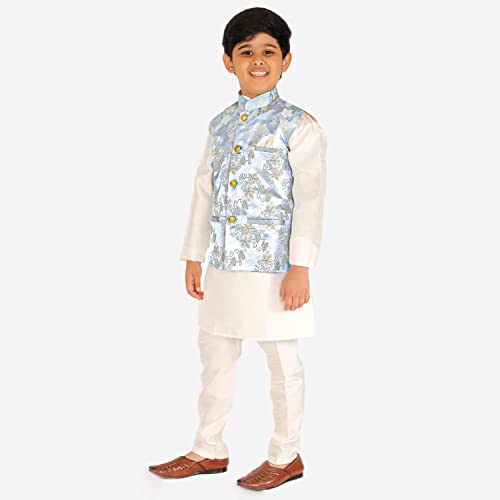 Image of Pro-Ethic Style Developer Kurta Pajama For Kids Boys With Waistcoat | Silk | Floral | Traditional Dress (S-209)