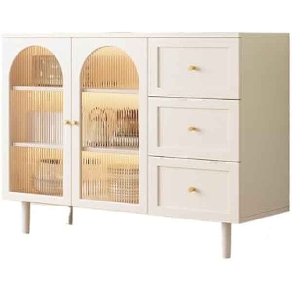 Kredensy i kredensy Nowoczesny minimalistyczny szklany bufet z trzema szufladami i podwójnymi drzwiami, drewniany organizer kuchenny, 120 cm do jadalni