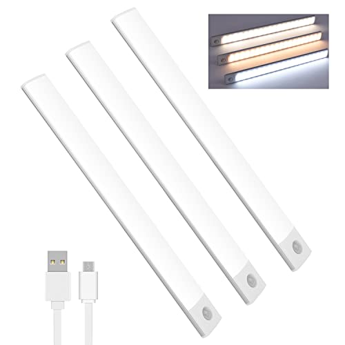 Lychico Motion Sensor Lights Indoor (30cm), 3 Pack 60 LED Under Cabinet Lights 6000K, USB Rechargeable Battery Powered Night Lights with Magnetic Strip for Kitchen, Wardrobe, Garage, Stairs, Bedroom