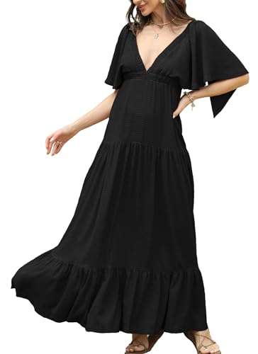 Image of Kikibell Women Summer Dresses Sexy V-Neck Maxi Dress Tiered Silhouette with Flutter Sleeve Backless Elastic Waist Flowy Dress