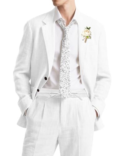 Retro Linen Mens Suit 2 Piece Slim Fit Sets Tuxedo Linen Jacket Drawstring Pant Summer Blazer Set Prom Wedding Suits for Men