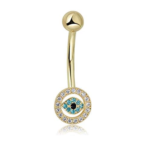 AVORA 10K Yellow Gold Multi-Color Simulated Diamond CZ Evil Eye Belly Button Ring Body Jewelry (14 Gauge) Cover