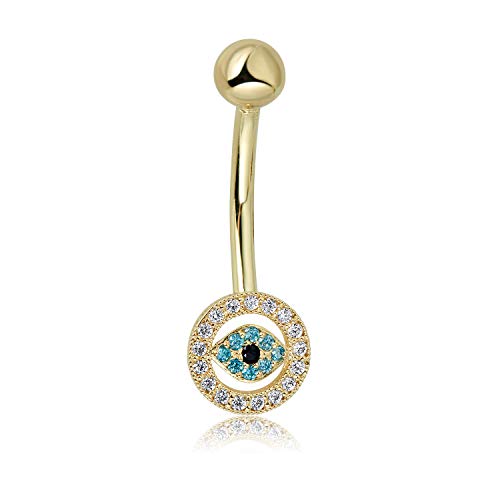 Image of AVORA 10K Yellow Gold Multi-Color Simulated Diamond CZ Evil Eye Belly Button Ring Body Jewelry (14 Gauge)
