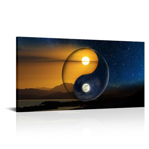 VANSEEING Chinese Yin Yang Symbol Wall Art Canvas Prints Sun and Moon Sunset Night Landscape Picture Wall Decor Traditional Tai Chi Relax Calm Artwork for Living Room Office 20" x 40"