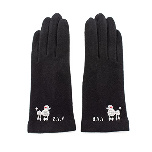 a.v.vレディース 5本指 スマホ対応 防寒 暖かい テンセル 犬刺繍柄 冬手袋 KO-5713-BK 日本製