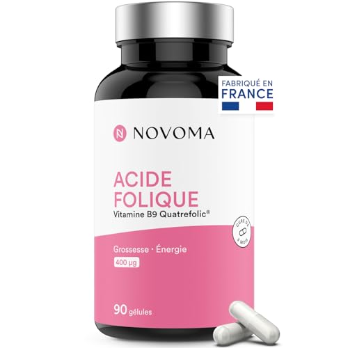 NOVOMA Ácido fólico 400 µg, Vitamina B9 Quatrefolic®, Diseño y inicio del embarazo, Suplemento alimenticio para mujer embarazada, Cura de 3 meses, 90 cápsulas, fabricado en Francia