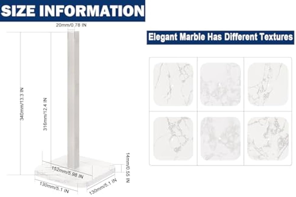 NearMoon Standing Paper Towel Holder, Stainless Steel Square Paper Towel Tissue Holder with Marble Base for Bathroom Kitchen Countertop, Standard or Jumbo-Sized Roll Paper (Brushed Nickel)