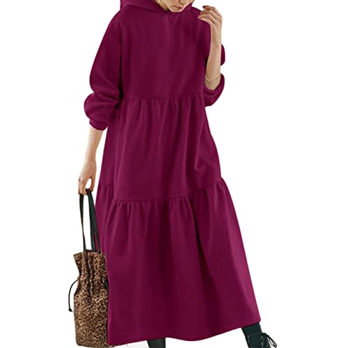 Hiborth Moletom Feminino Outono Inverno Vestido com Babados Cor Sólida Manga Longa Solta Bainha Gran