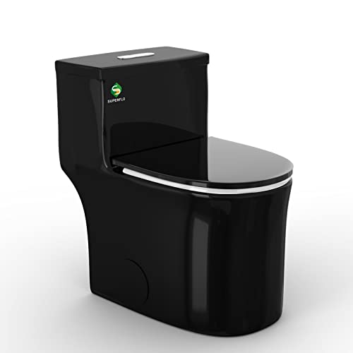 Superflo One Piece Toilet Black Toilets Elongated,17.3" Tall Toilet With 12" Rough-In & 1/1.28 Gpf Dual Flush,Comfort Height Small Toilet For Modern Bathroom（Pre-Installed） #TOP30
