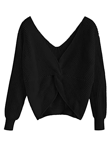 Zaful Women's Criss Cross Sweaters Twisted Back Pullover Knitted Cropped Sweater Jumper(1-Black, M) #TOP18
