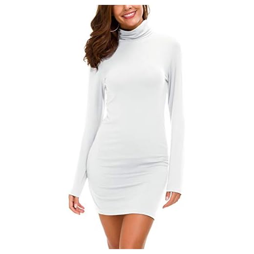 EXCHIC Dam bodycon miniklänning polotröja långärmad basic tight klänning, Vit, L