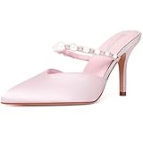 RIBONGZ Pink Slip On Stiletto High Heels for Women Closed Pointed Toe Mule Kitten Herls with Pearl Strap Sexy Backless Dress Wedding Party Daily Prom Pump Shoes Size 7