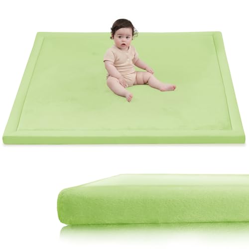 Image of Huloo Sleep Baby Play Mat for Floor,1.3 inchThick Elasti-Foam 50x50 Playpen Mat for Toddlers Infant kids,Water-Repellent Soft Velvet for Tummy Time,Non-Slip Backing for Crawling,Tatami Style(Light Green)