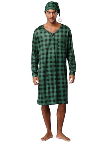 Adult Men Mid-length V-neck Nightdress Sleepwear Suit Long Sleeve Pocket Plaid Nightdress Sleep Hat