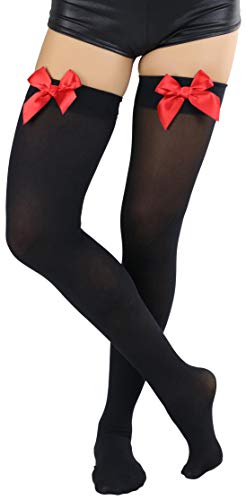 Image of ToBeInStyle Women's Opaque Long Thigh High Stockings w /Decorative Front Satin Bow