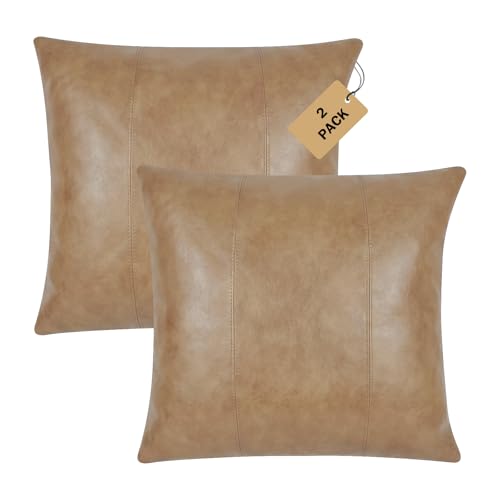 Pessbulmm Faux Leather Decorative Throw Pillow Covers 18x18 Inch Set of 2 Modern Solid Design Luxury Cushion Cases for Couch Sofa Bed Durable Soft Easy to Clean, Light Brown