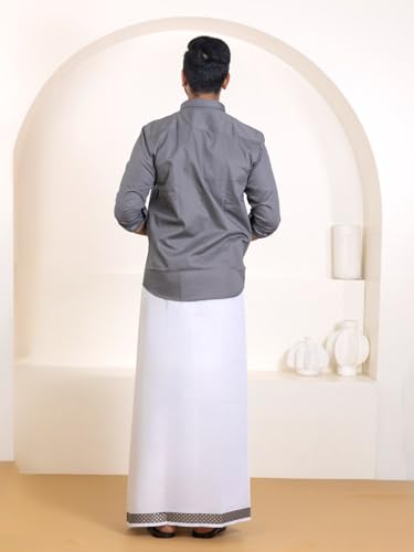 Image of RAMRAJ COTTON Men Premium Cotton Full Sleeves Shirt and Fancy Border Dhoti Set Luxe Set