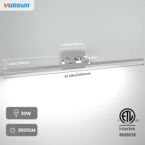 Image of VOLISUN Modern Bathroom Vanity Light 48 inch, Rotatable, 30W Dimmable 5CCT Led Bathroom Light Fixture Over Mirror, Chrome Vanity Light for Bathroom Mirror Cabinets-ETL Certificated