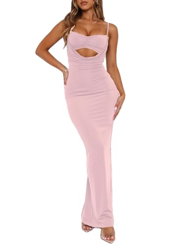 Image of NUFIWI Women Sexy Cutout Long Dress Spaghetti Strap Ruched Bodycon Maxi Dress Backless Hollow Cocktail Dresses