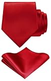 TIE G Solid Satin Woven dyed Color Formal Black Necktie and Pocket Square Sets in Gift Box (Red)