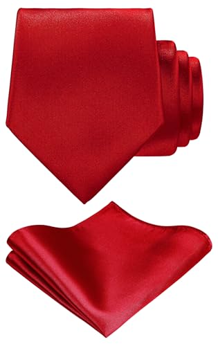 TIE G Solid Satin Woven dyed Color Formal Black Necktie and Pocket Square Sets in Gift Box (Red)