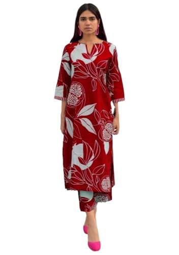 Image of GoSriKi Women's Cotton Blend Straight Printed Kurta with Pant